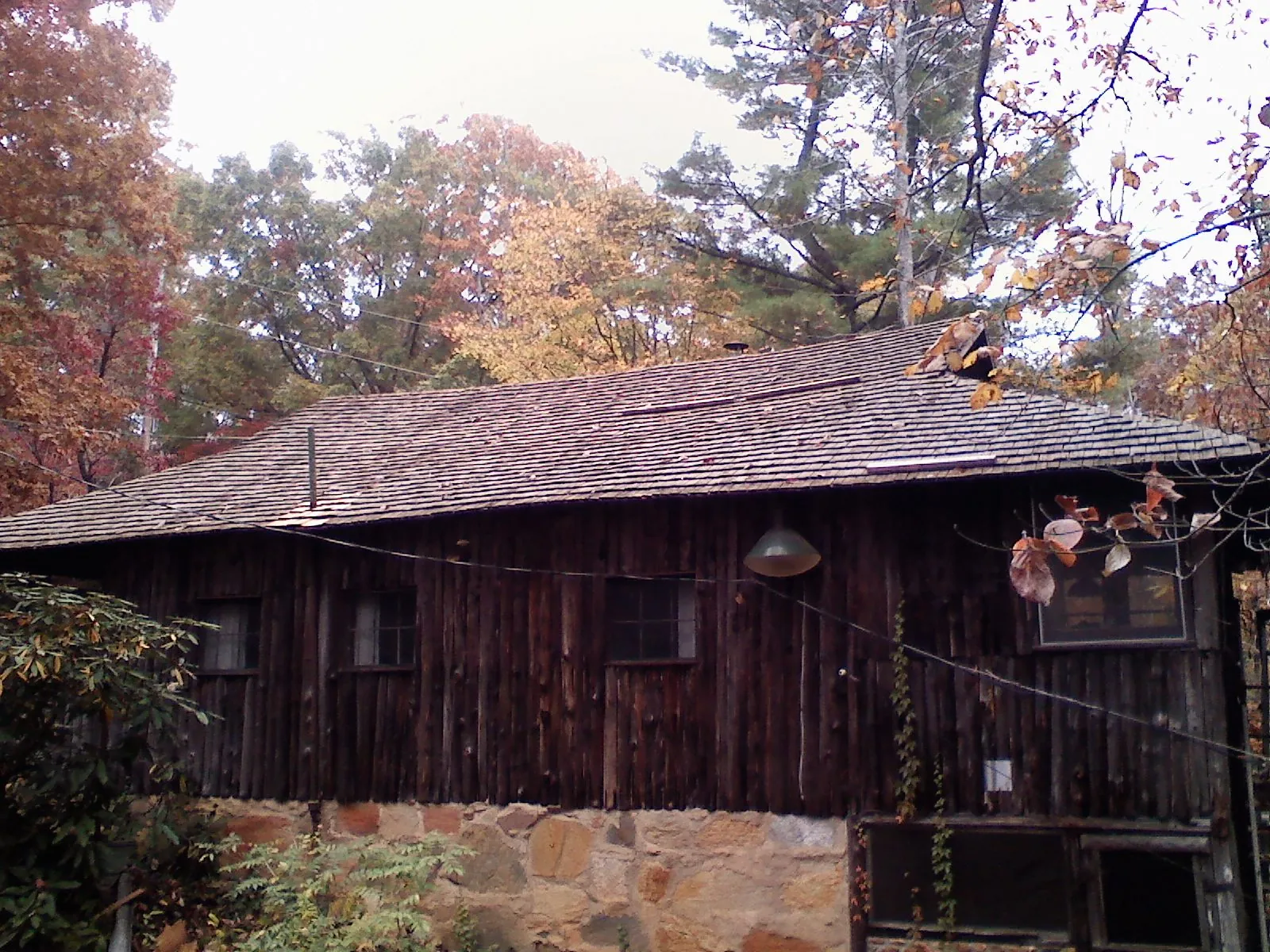 Weathered wood shake roof on a rustic board sided cabin in Silverado
